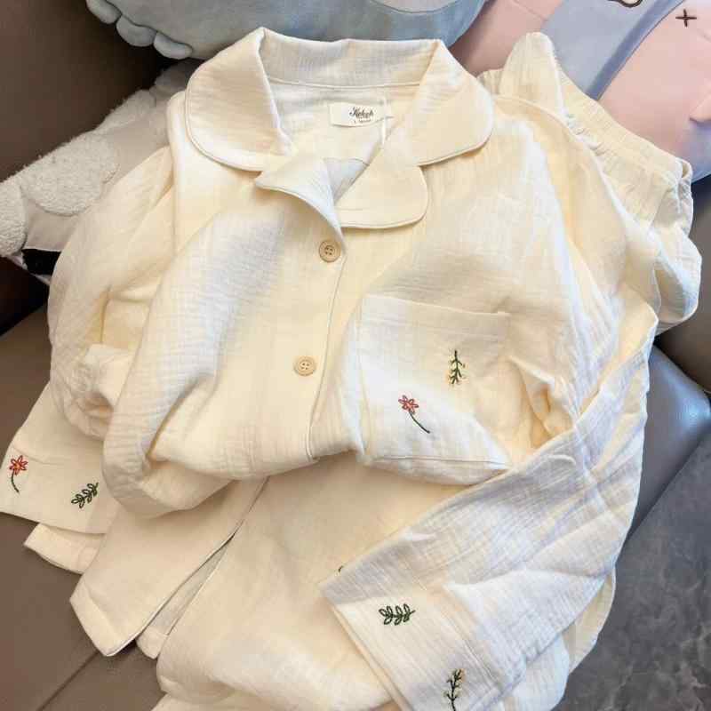 パジャマ レディース 長袖長ズボン 春秋 かわいい 韓国風 泡 ガーゼ 綿 上下2点セット ルームウェア 部..