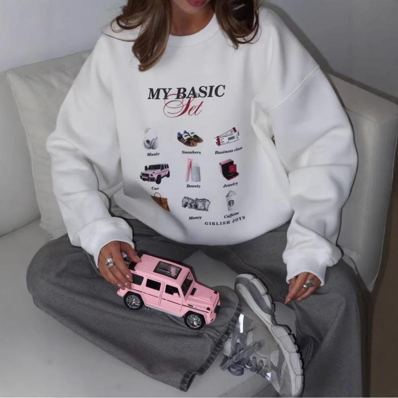 スウェット レディース 秋冬 長袖 プルオーバー ラウンドネック プリント ゆったり カジュアル かわいい トップス ホワイト ポリエステル