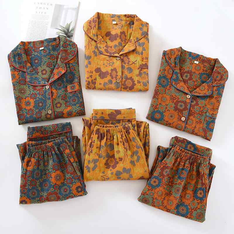 パジャマ レディース 春夏 薄手 長袖 長ズボン 綿100% ダブルガーゼ ルームウェア 上下セット 襟付き ..