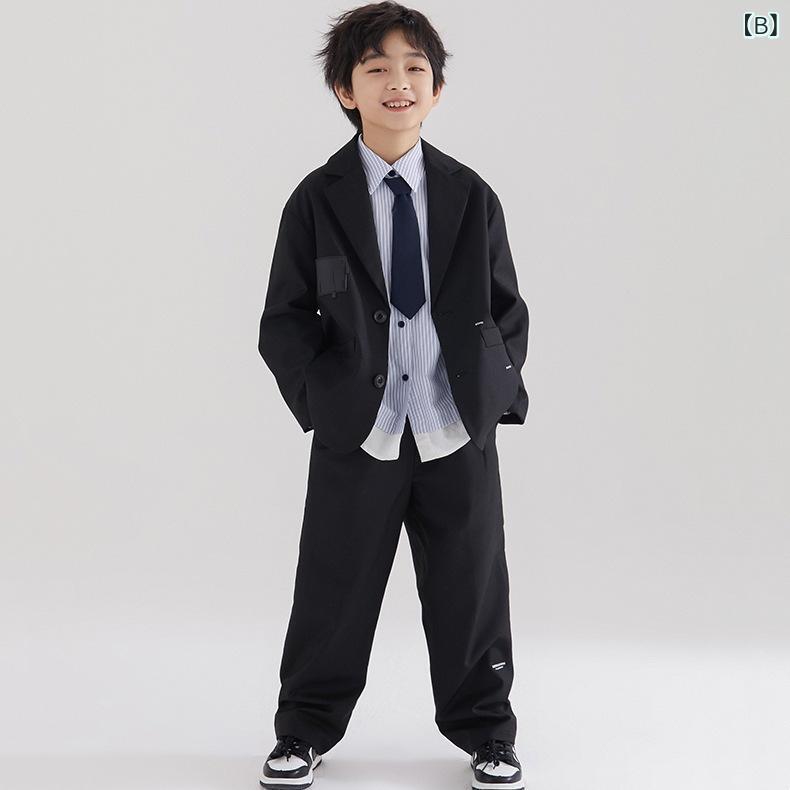 子供用スーツ 春秋 男の子 フォーマル パンツスーツ 上下セット 長袖 ストライプ柄 120cm 130cm 140cm 150cm 160cm 170cm 180cm 3