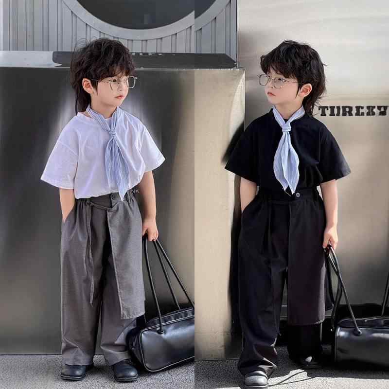 子供用セットアップ 春夏 子供服 半袖Tシャツ 長ズボン ズボンセット 2点セット コットン100％ 100cm 110cm 120cm 130cm 140cm グレー 黒 白 短袖Tシャツ パンツセット ボーイズ