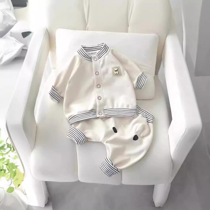 キッズ 上下セット ボーイズ ガールズ ベビー服 長袖 トップス パンツ 綿100% 春秋 ストライプ柄 ウエストゴム 柔らかい かわいい ベージュ グレー ブルー 66cm 73cm 80cm 90cm 100cm 110cm