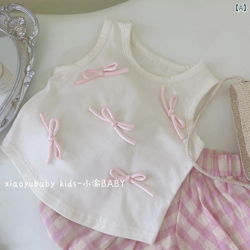 子供用セットアップ ノースリーブトップス キュロット 韓国風 かわいい ピンク系 格子柄 夏