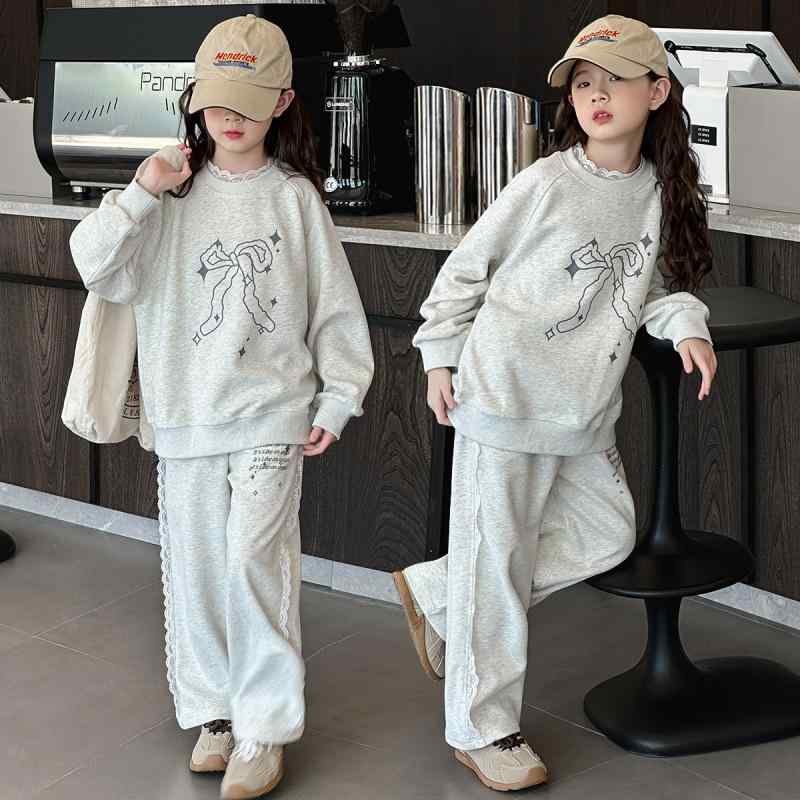 子供用パンツセット ガールズ 春秋 スウェット トレーナー ワイドレッグパンツ 韓国風 かわいい 花柄プリント レース飾り 綿70% グレー 120cm 130cm 140cm 150cm 160cm 170cm