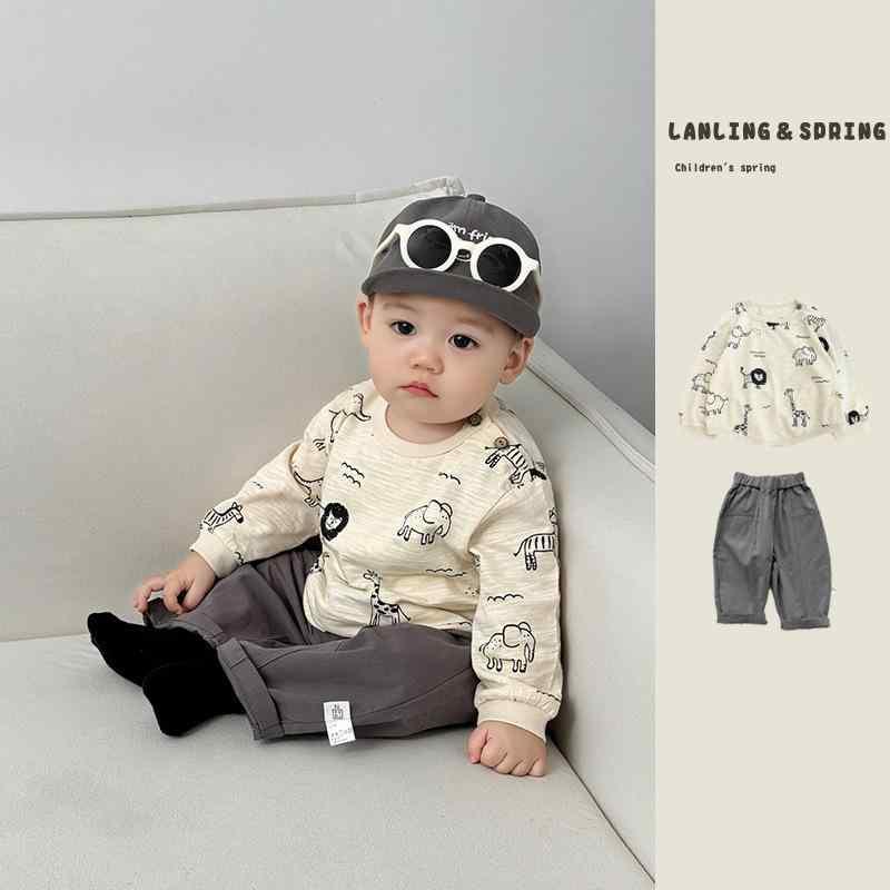 ・対象: 子供・スタイル: 韓国風・セット内容: 長袖トップス、長ズボン・袖丈: 長袖・帽子: なし・パンツ丈: フルレングス・厚さ: 普通・柄: 動物、漫画・素材: 綿・主な素材構成: 綿100%・安全レベル: A・クロージャー: プルオーバー・カラー: アプリコット、グリーン、ブルー、グレー・対応身長: 73、80、90、100、110