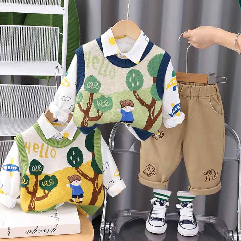 子供用ニットベスト 3点セット（長袖トップス & ロングパンツ）男の子 秋物 コットン カトゥーン柄 80cm 90cm 100cm 110cm 120cm 韓国風