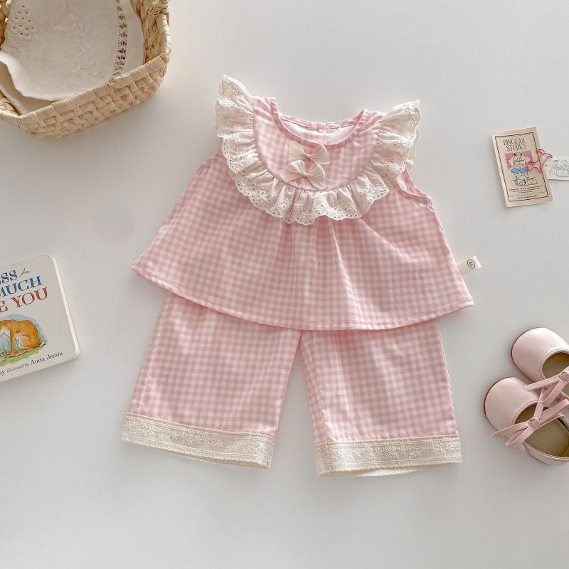 Top & Bottom Sets - 子供服 格子柄 セットアップ 女の子 韓国風 ノースリーブ ブラウス ワイドパンツ 2点セット 春夏 70 80 90 100 110 120 ピンク系