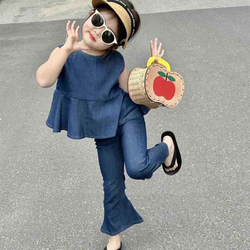 キッズ セットアップ デニム 上下セット 半袖 トップス ベルボトム ロングパンツ 2点セット 女の子 子供服 夏 3歳 4歳 5歳 6歳 7歳 8歳 綿95% かわいい ガールズ