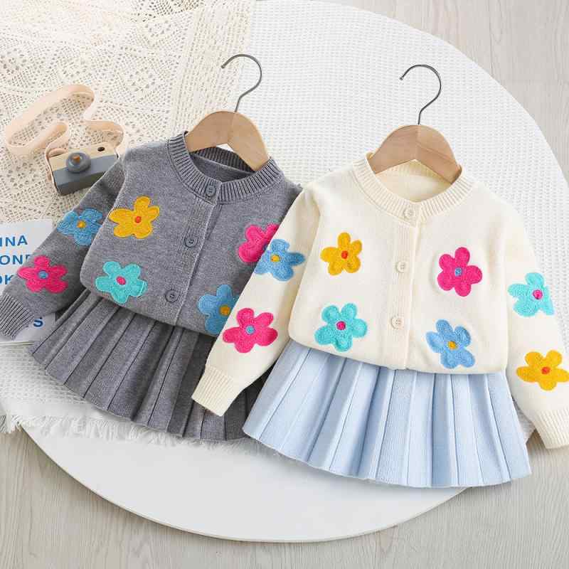 Accessories - 子供服 ニット セットアップ 女の子 秋冬 長袖 ニットカーディガン 花柄 2点セット グレー ホワイト 春秋 かわいい 普段着