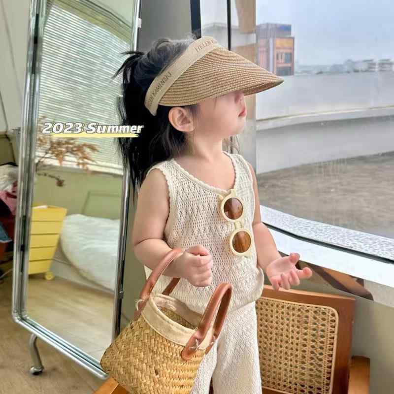 子供用ニットセットアップ ノースリーブトップス ワイドレッグパンツ 薄手 春夏 幼...