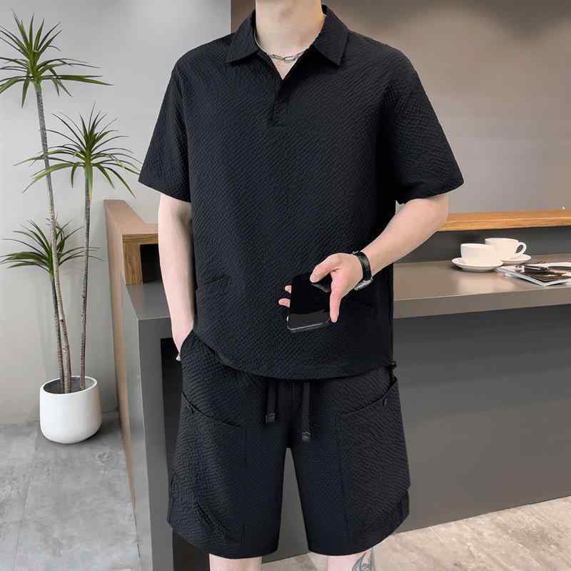 メンズ 接触冷感 スポーツウェア 半袖トップス ショートパンツ 上下セット 部屋着 ルームウェア 普段使い 韓国風 ポリエステル ブラック