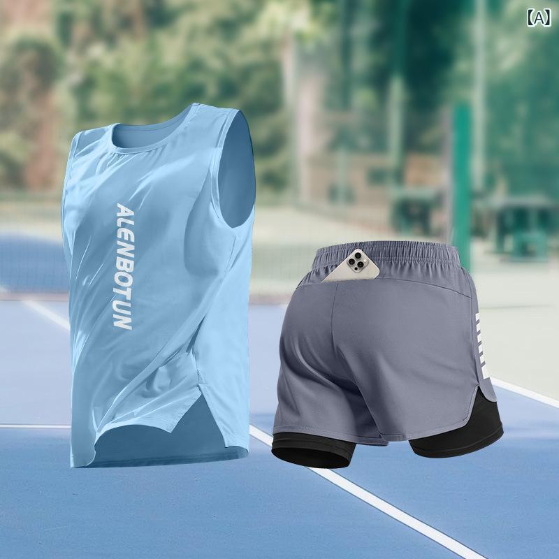 シャドーテールのスポーツウェア メンズ トレーニングウェア 上下セット 夏用 接触冷感 吸湿速乾 ノースリーブ Tシャツ ショートパンツ ポリエステル ランニング マラソン 運動着｜アングル2