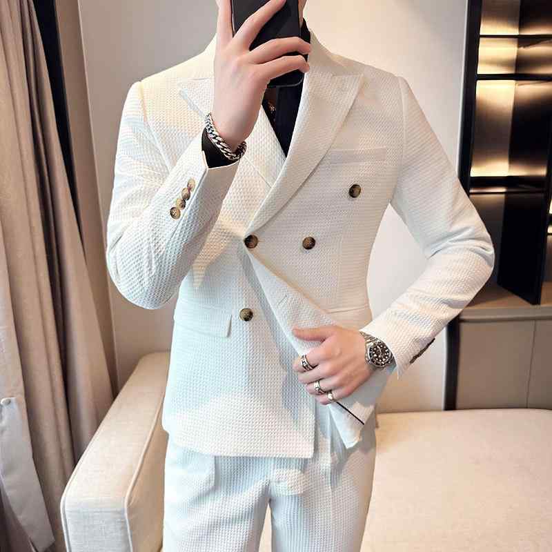 乐天商城 - スーツ メンズ スリムフィット ダブルブレスト パイナップル柄 カジュアル フォーマル 男性用 紳士服 セットアップ ブラック ホワイト グリーン コーヒー色 春夏秋冬
