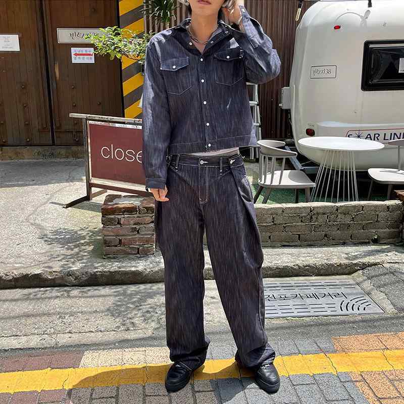 デニムジャケット 男性用 デニムパンツ 上下セット 春秋 韓国風 ゆったり ウォッシュ加工 Gジャン ジーンズ