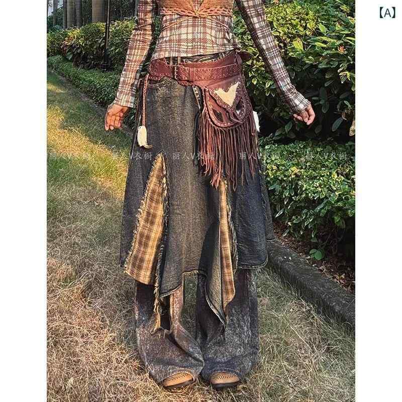 デニムスカート レディース 夏 ダメージ 不規則 切り替え アシンメトリー プリーツスカート チェック柄 シェニール ビンテージ風 パンク 辣妹 カジュアル お出かけ デート 旅行 20代 30代 40代 ブルー ミディアム