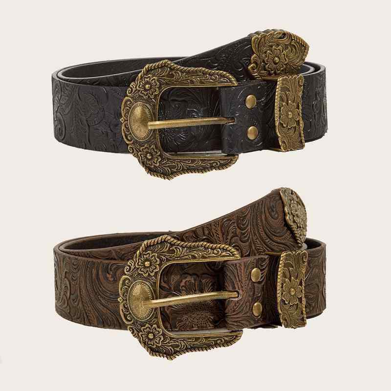 ベルト レディース 女性用 アメリカン レトロ プリント デニム ジーンズ ウエスト 普段使い カジュアル PUレザー ブラック ブラウン 電気メッキ加工