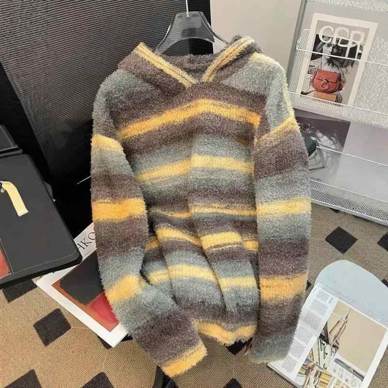 ニット メンズ ケーブル編み 配色 ボーダー柄 プルオーバー パーカー 秋冬 長袖 ゆったり 韓国風 カジ..