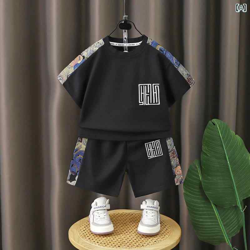 子供用セットアップ キッズ 半袖短パン 2点セット 男の子 夏 薄手 刺繡 和風 100 110 120 130 140 150 160 黒 白 普段着 部屋着 ポリエステル
