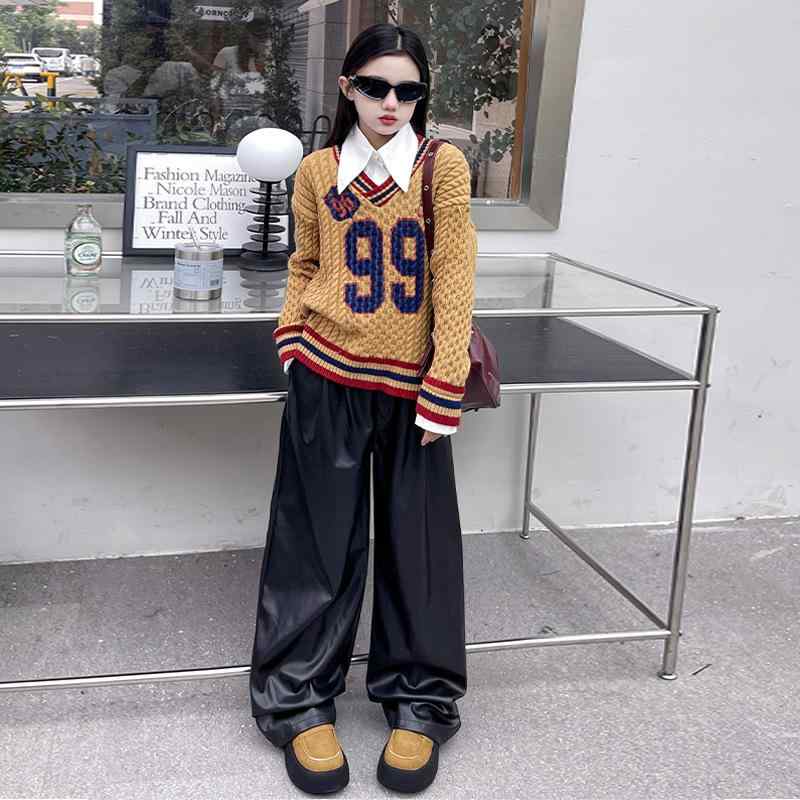 子供用ニット・セーター セットアップ 女の子用トップス 長袖シャツ&amp;フェイクレザー ワイドパンツ 2点セット 春秋 B類 普段着 通学着 120cm 130cm 140cm 150cm 160cm 170cm