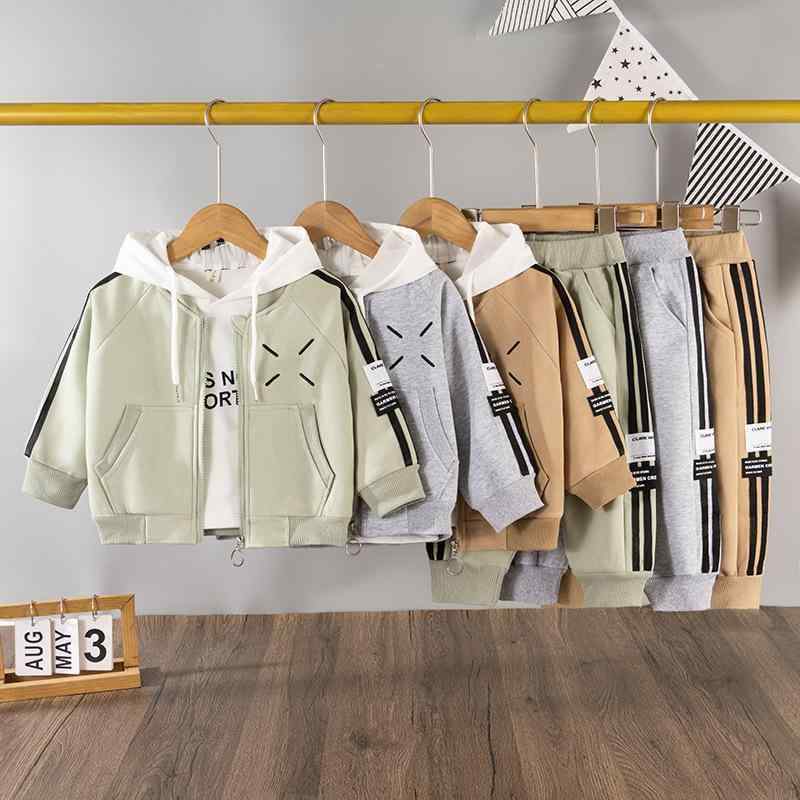Boys' Autumn Tracksuit Set (Top and Bottom) - 3-Piece Set: Long-Sleeve Hoodie and Long Pants - Lightweight Cotton - Available in Khaki, Green, and Gray.