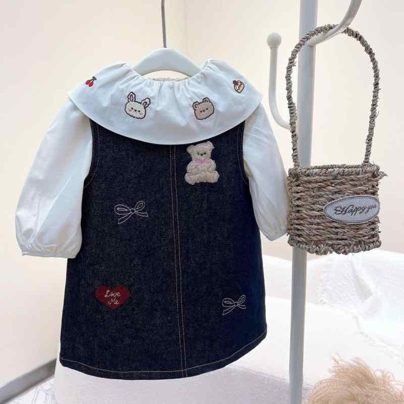 キッズ 背心ワンピース デニム くま 刺繍 セットアップ Tシャツ トップス 上下セット 春秋 かわいい 女の子 女児 子供服 80 90 100 110 120cm