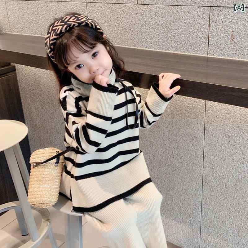 子供服 ニット セットアップ 女の子 韓国風 ストライプ セーター パンツ 上下セッ...