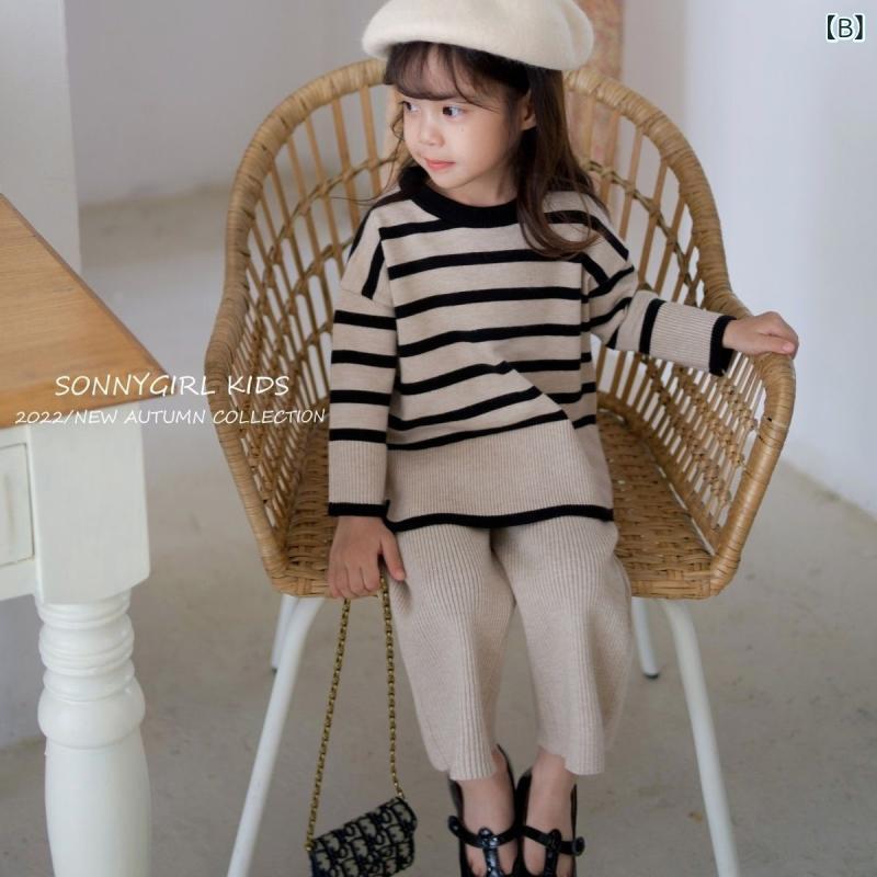 子供服 ニット セットアップ 女の子 韓国風 ストライプ セーター パンツ 上下セッ...