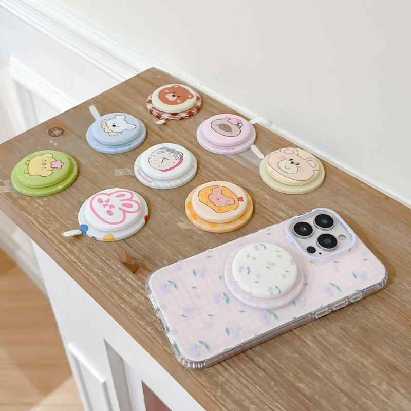 スマホスタンド かわいい アニマル柄 IMD磁気吸着式 エアバッグスタンド 落下防止 多機種対応 白色小兔..