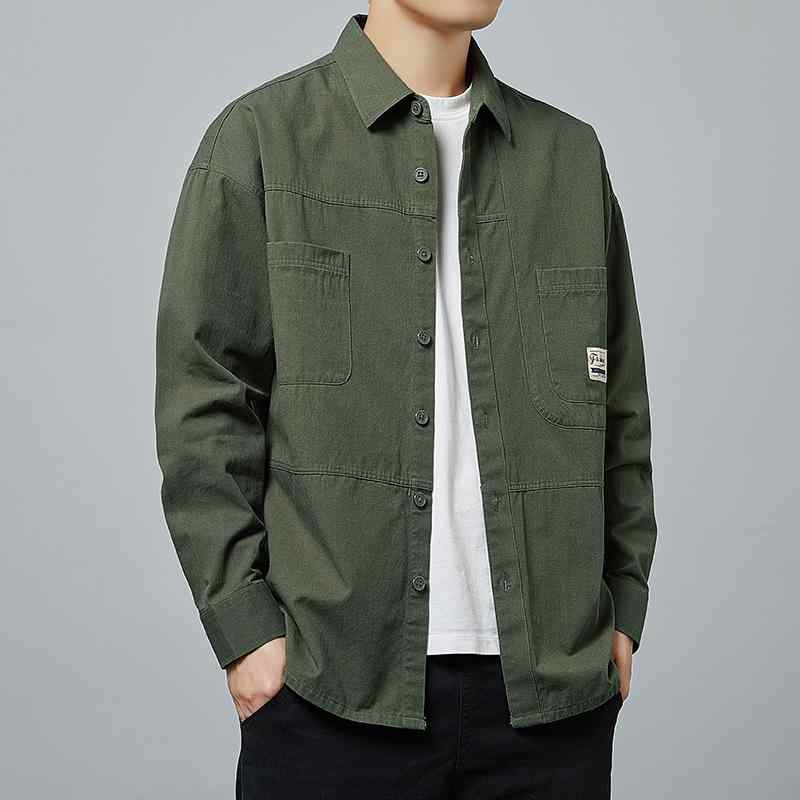 ジャケット メンズ ワークシャツ 長袖 コットン 薄手 春秋 カジュアルシャツ 無地 ブラック カーキ グリーン