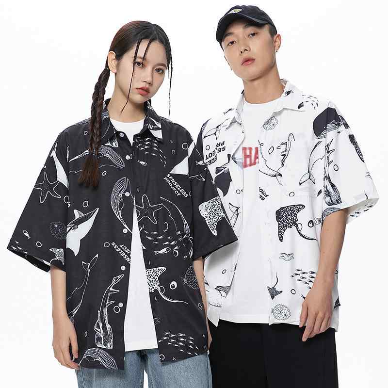 シャツ メンズ 半袖 ポリエステル 街頭 カジュアル トップス ルーズフィット 水墨 ブラック ホワイト