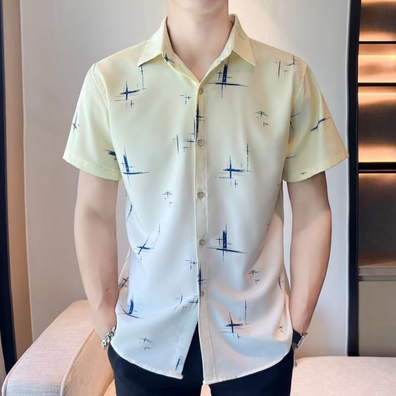 シャツ メンズ 男性用 半袖 真丝 灰色 藍色 黄色 立领 プリント 薄手 接触冷感 春夏 カジュアル