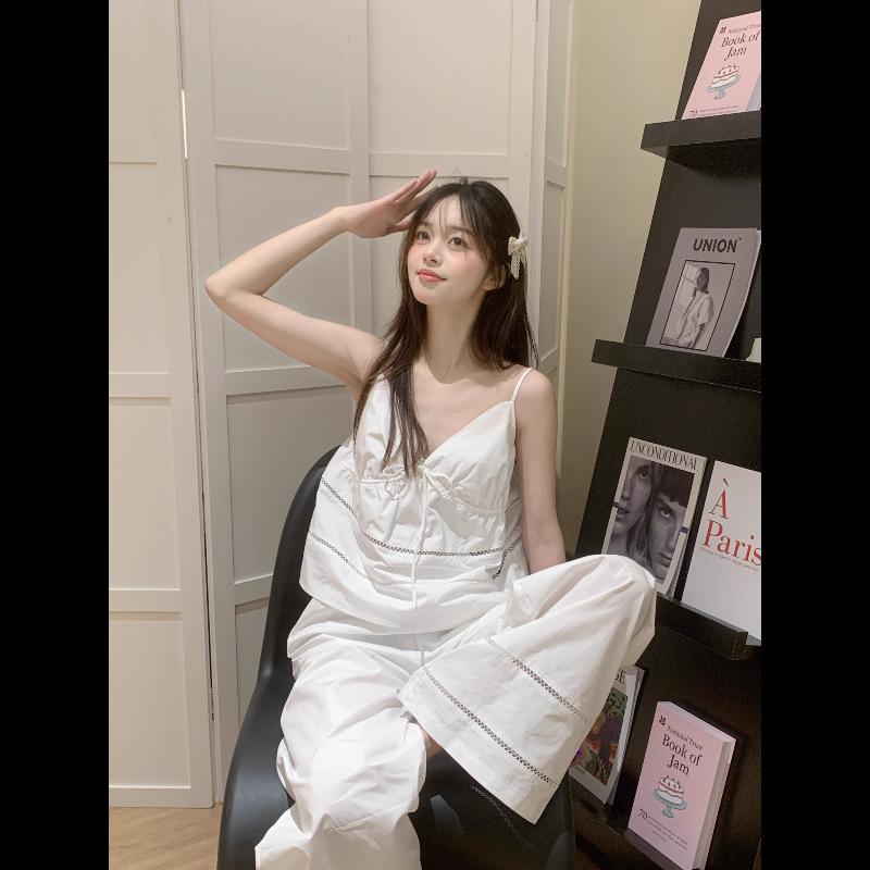 パジャマ レディース 少女 Vネック キャミソール 長ズボン 2点セット ポリエステル 涼しい 部屋着 ルー..