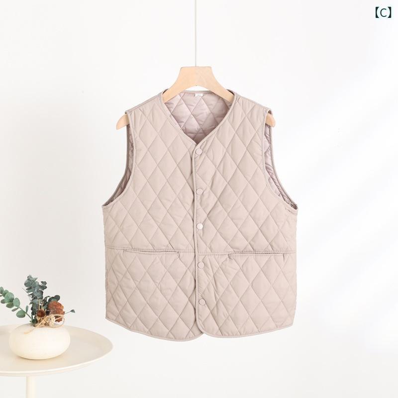 ダウンベスト レディース 軽量 Vネック 暖か インナーベスト アウター ベスト チョッキ 無地 ポリエステル ブラック カーキ ベージュ 大きいサイズ ゆったり 3XL 4XL 5XL