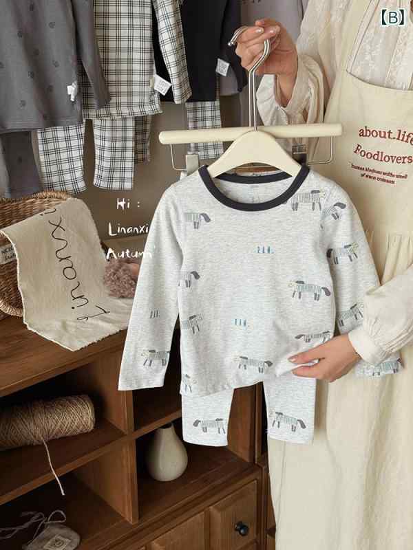 子供用パジャマ 上下セット 春秋 中小サイズ 男の子 綿100% 長袖 快適 格子柄 カートゥーン柄