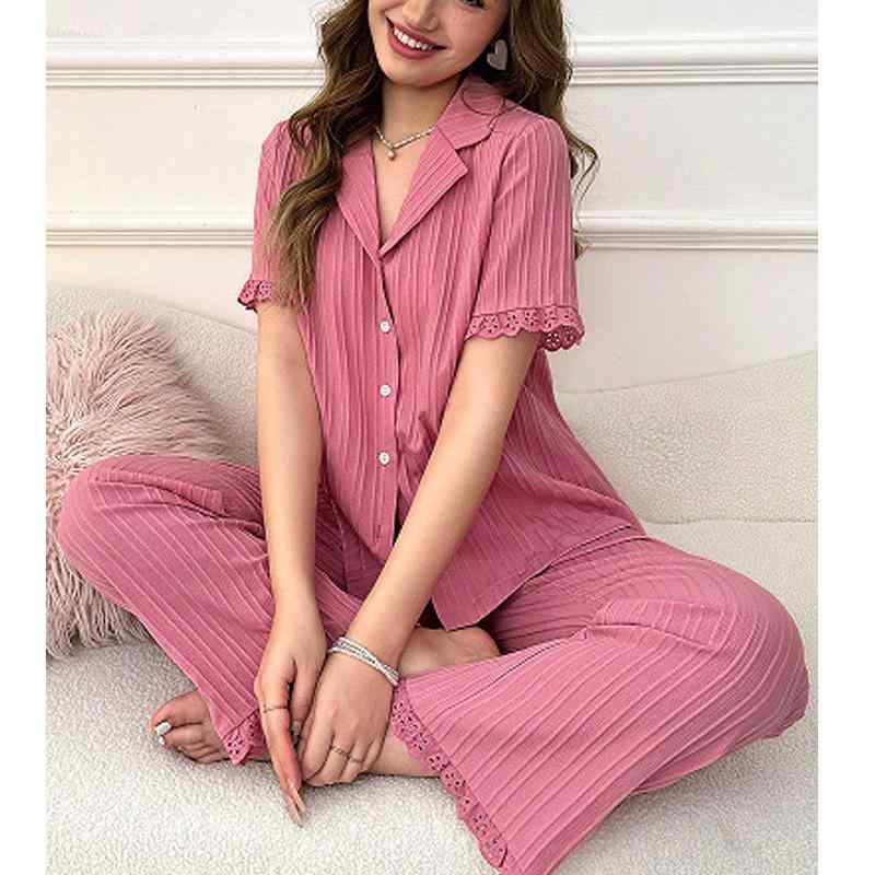 パジャマ レディース 春夏 秋冬 セットアップ ヨーロッパ風 襟付き 花柄 レース 7分袖 ロングパンツ ホ..