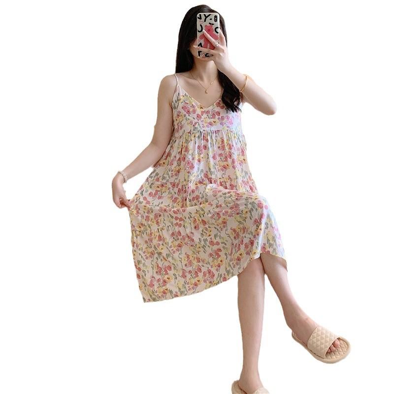 キャミソールワンピース レディース 春夏 コットン 寝巻き ルームウェア 部屋着 Vネック ロングワンピ..