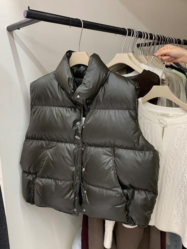 ダウンベスト レディース 90% 白ダックダウン 立襟 防寒 チョッキ ゆるい ポリエステル 繊維 厚手 冬 暖かい グレー カーキ アプリコット