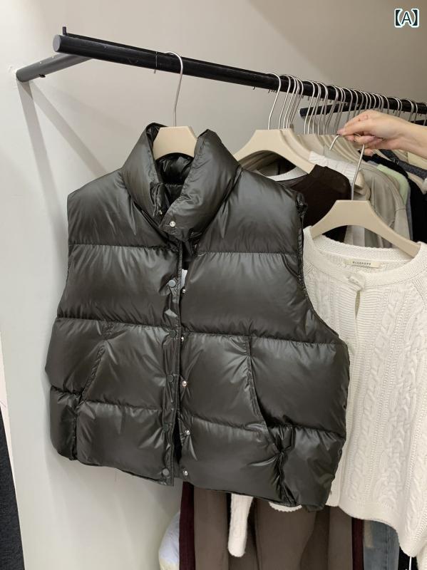 シャドーテールのダウンベスト レディース 90% 白ダックダウン 立襟 防寒 チョッキ ゆるい ポリエステル 繊維 厚手 冬 暖かい グレー カーキ アプリコット｜アングル2