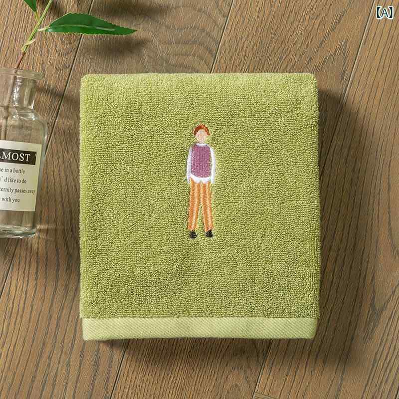 Towels, Handkerchieves - フェイスタオル メンズ レディース 純棉 吸水性 毛羽落ちなし かわいい クリエイティブ ペアセット 洗顔用 入浴用 家庭用 草緑 姜黄 本白 75x35cm 32股 刺繍加工 100-120g