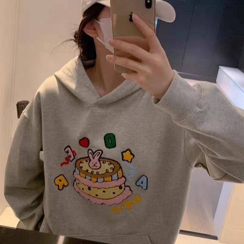 パーカー レディース 韓国風 秋冬 ケーキ型 フード付き 裏起毛 ゆったり グレー 綿 刺繍 長袖 カジュアル
