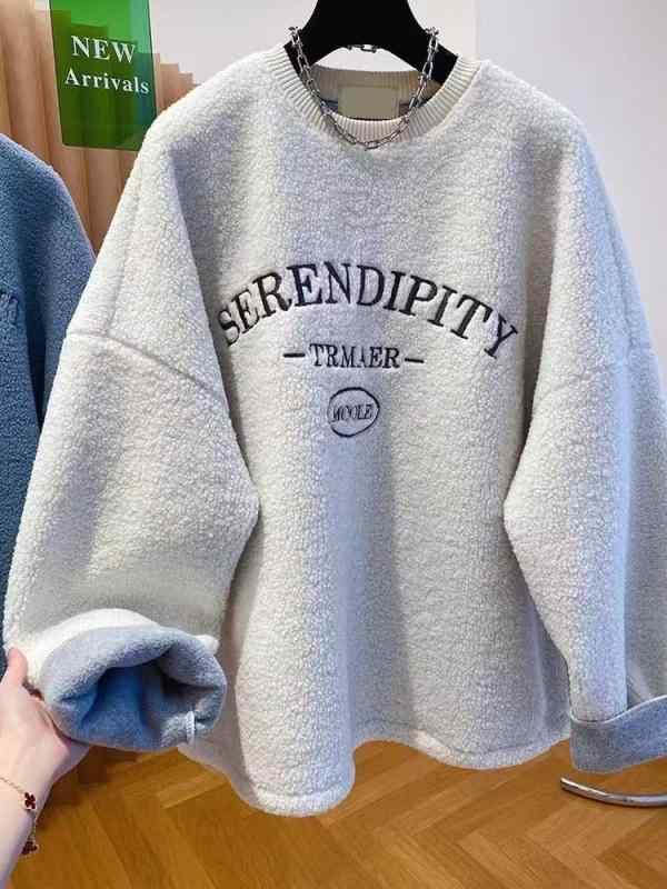 スウェット レディース 韓国風 トップス 秋冬 刺繡ロゴ入り プルオーバー ゆったり 長袖 ラウンドネック 杏色 ブルー 大きめサイズ 普段使い
