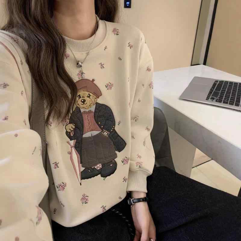 スウェット レディース 韓国風 ゆったり かわいい クマ プリント 長袖 トップス プルオーバー 秋冬 ポリエステル 3Dプリント カジュアル 普段使い