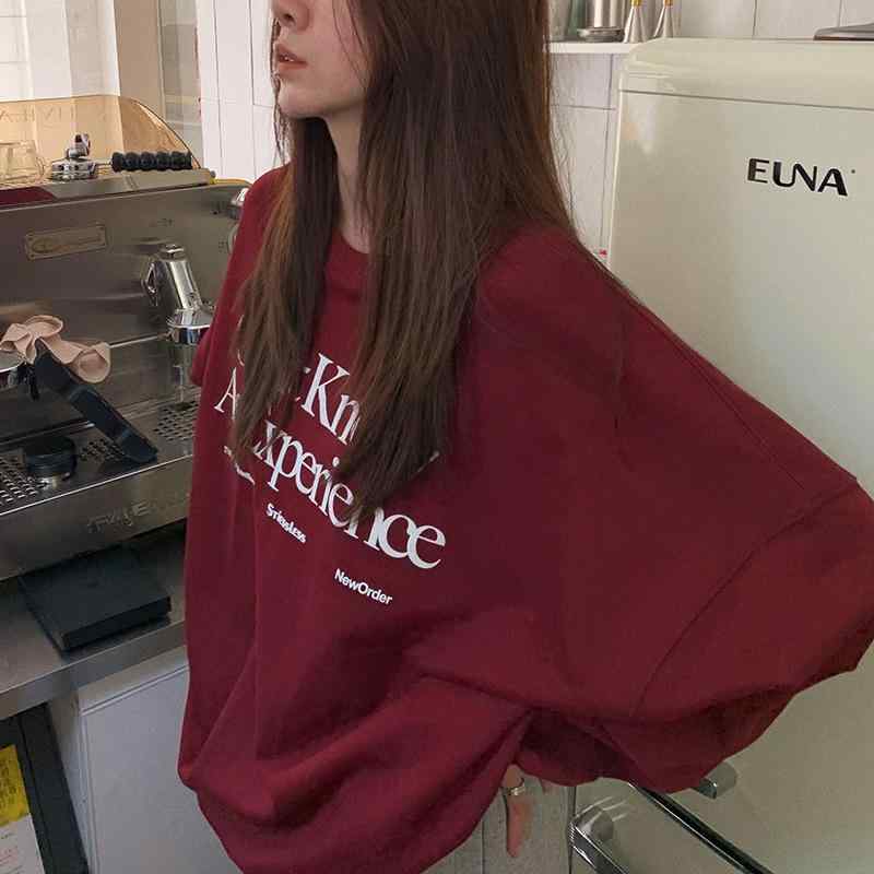 トレーナー レディース 秋冬 裏起毛 ゆったり スウェット プルオーバー トップス 長袖 韓国 ファッション カジュアル かわいい ロゴ プリント ワインレッド
