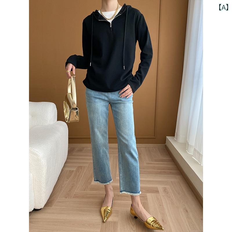 シャドーテールのパーカー レディース 褶皱 デザイン 長袖 プルオーバー フード付き スウェットシャツ 無地 ブラック ホワイト カーキ グレー 通勤 カジュアル｜アングル2