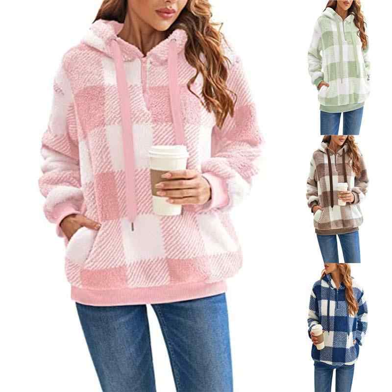 パーカー レディース 秋冬 長袖 プルオーバー 暖かい 格子柄 フリース ゆったり かわいい カジュアル 韓国風 トップス 黒 ブラック アイボリー ピンク系