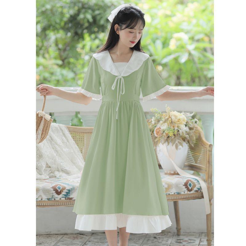 ワンピース レディース 春夏 Aライン 膝下丈 半袖 パフスリーブ チュール レース 襟付き かわいい ガーリー フェミニン ゆったり 体型カバー 着痩せ オフホワイト ベージュ お呼ばれ デート