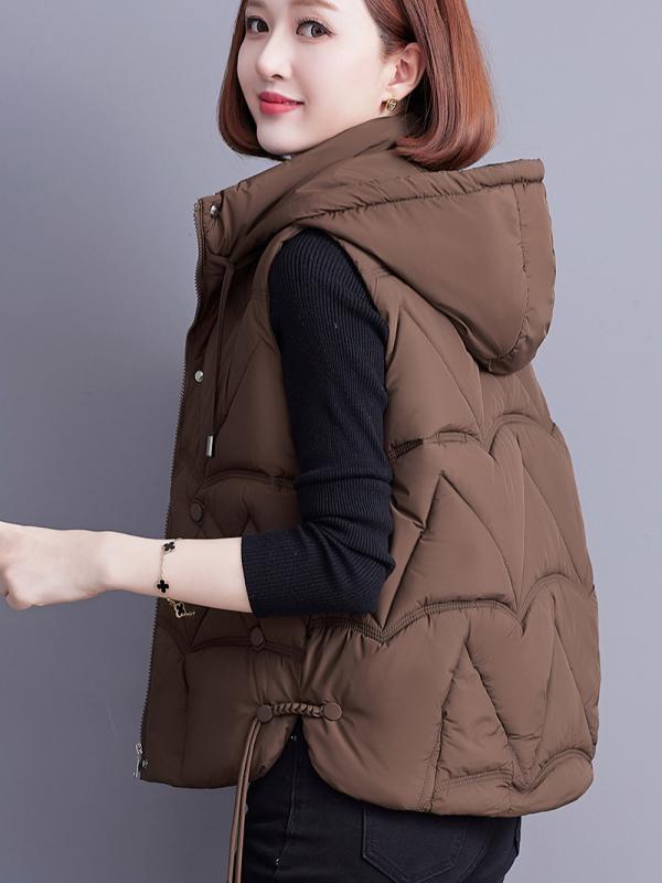 ・スタイル: 通勤・着丈: 普通(50cm～65cm)・襟型: フード付き・柄: 無地・種類: ベスト・前開き: ジッパー・素材: ポリエステル・素材構成: ポリエステル95%以上・対象: レディース・対象年齢: 成人・カラー: コーヒー、ブラック、ワインレッド、パープル・サイズ: M(45-50kg), L(50-57.5kg), XL(57.5-65kg), 2XL(65-72.5kg), 3XL(72.5-80kg)・流行要素: ポケット・詰め物: ダウンコットン・フィット: レギュラー