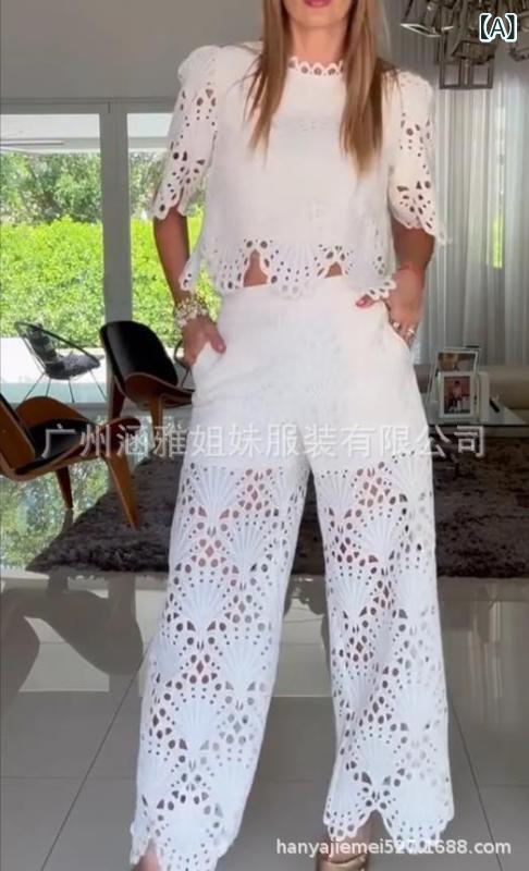 セットアップ レディース リゾート 美シルエット レース 2点セット 刺繡 9分丈パンツ ポリエステル ホワイト 白 浅ブルー 黄色 ピンク ガーリー フェミニン