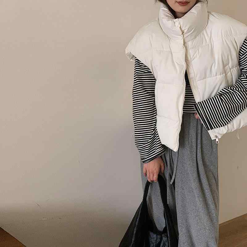 ベスト レディース ダウン風 中綿入り ショート丈 ゆったり スタンドカラー チョッキ あったか アウター ポケット付き カジュアル 通勤 秋冬 米白 皮粉 浅灰 コーヒー ブラック