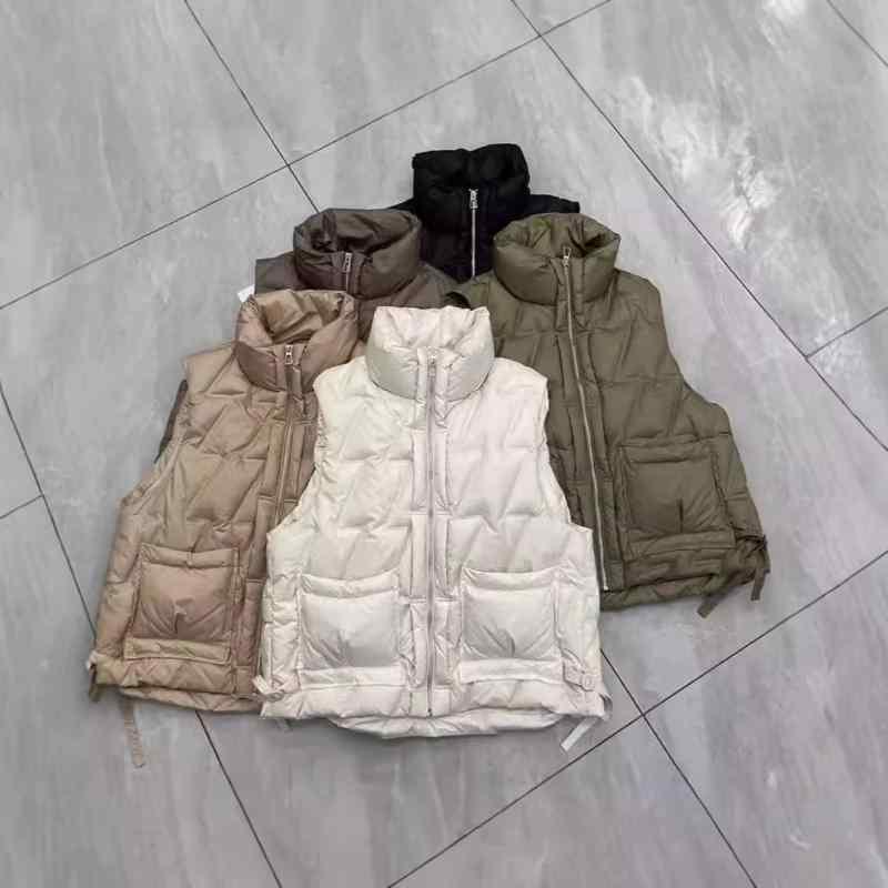 ダウンベスト レディース 白ダウン 秋冬 アウター ショート丈 薄手 立襟 ポリエステル カーキ色 緑色 ..